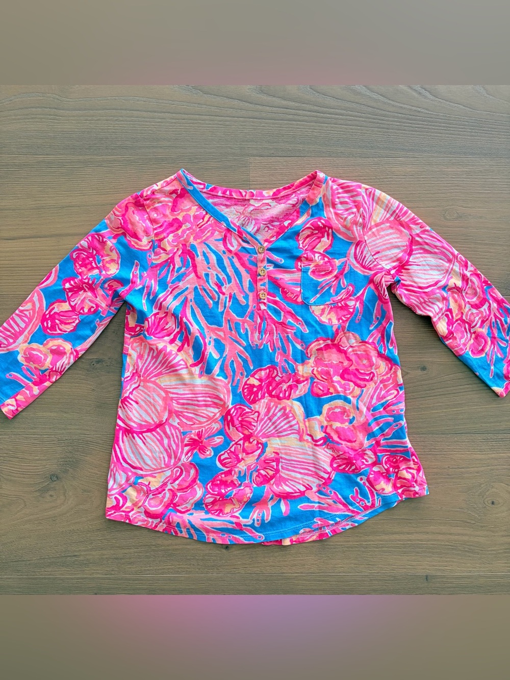 Lilly Pulitzer Pink & Blue Floral Henley Tee Coral Lovers